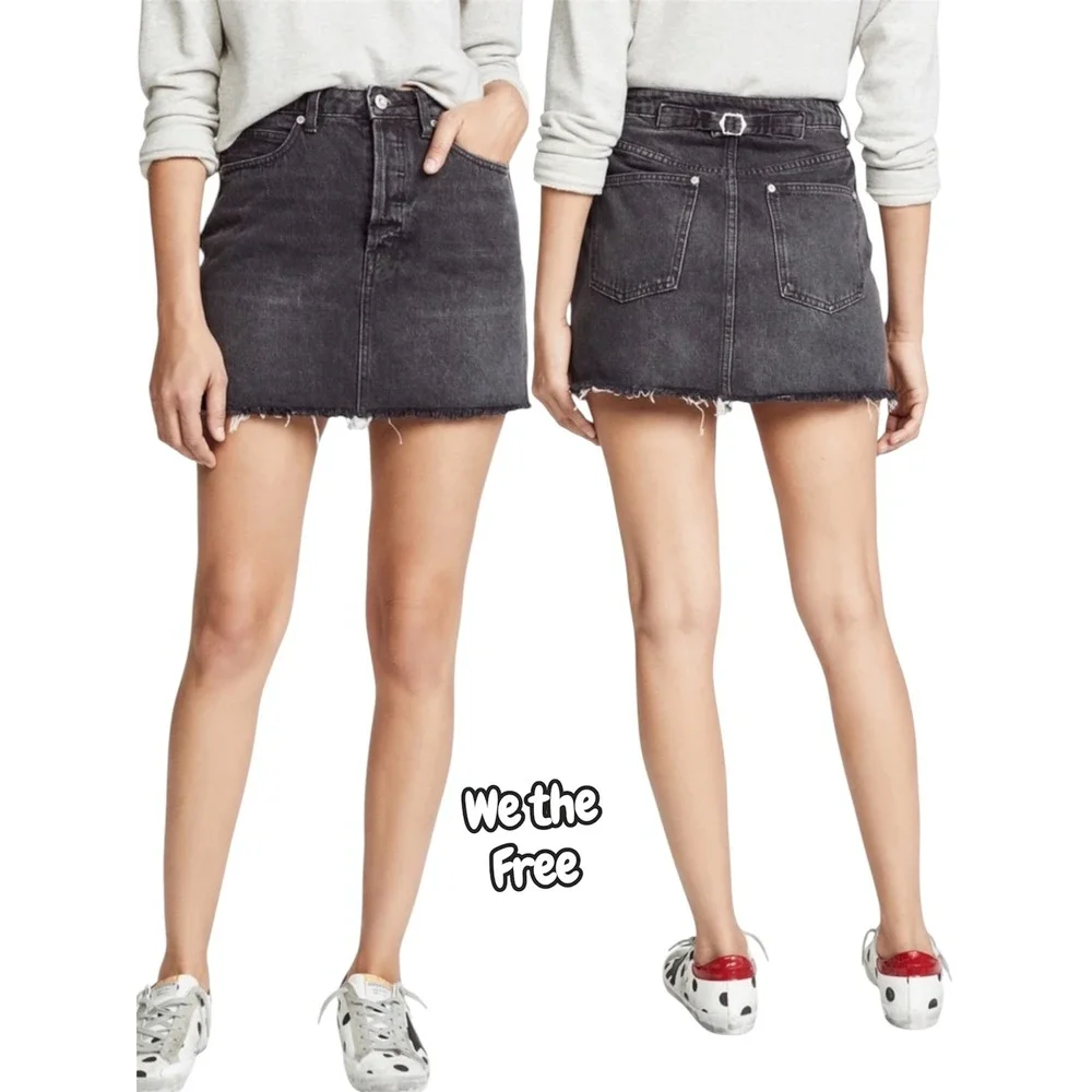 We The Free People Black Denim Mini Skirt Cinch Back Raw Hem Size 29 OB813134